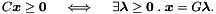 \[ C\vect{x} \geq \vect{0} \quad\iff\quad \exists \vect{\lambda} \geq \vect{0} \mathrel{.} \vect{x} = G\vect{\lambda}. \]