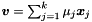 $\vect{v} = \sum_{j=1}^k \mu_j \vect{x}_j$