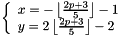 \[ \left\{\begin{array}{l} x = -\left\lfloor\frac{2p+3}{5}\right\rfloor - 1 \\ y = 2\left\lfloor\frac{2p+3}{5}\right\rfloor - 2 \end{array}\right. \]